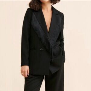Anthropologie / Hutch Black Double Breasted Fringe Blazer